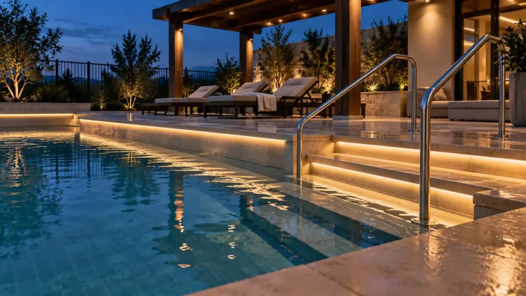 Clubhouse patio at dusk with a slim IP68 strip line under each step riser above the plunge pool's waterline, the pool itself unlit