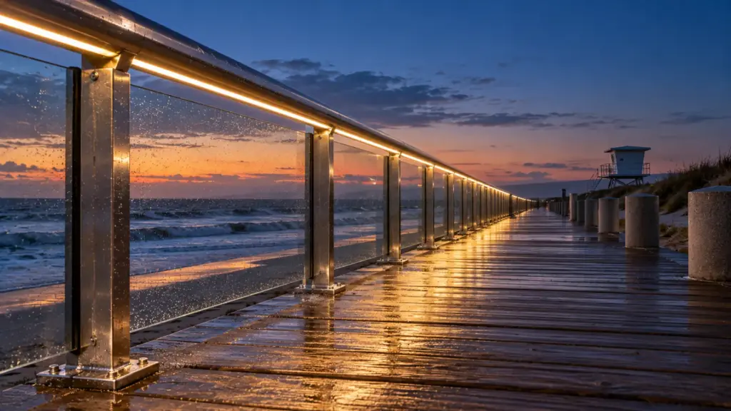 IP68 neon flex lining a coastal boardwalk handrail at dusk