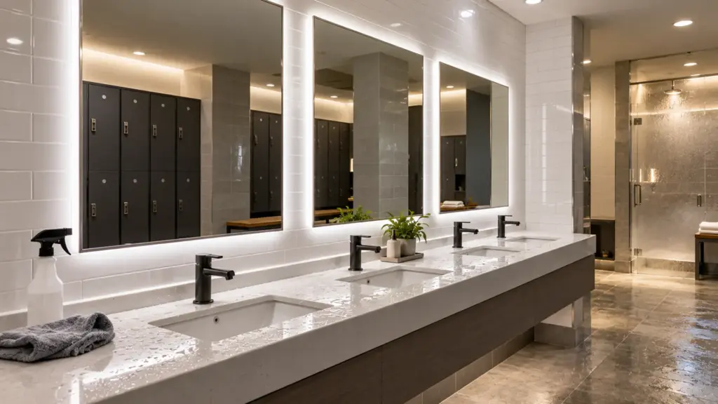 Backlit mirrors over a wet gym locker room vanity, COB LED strip with a crisp 5000K halo