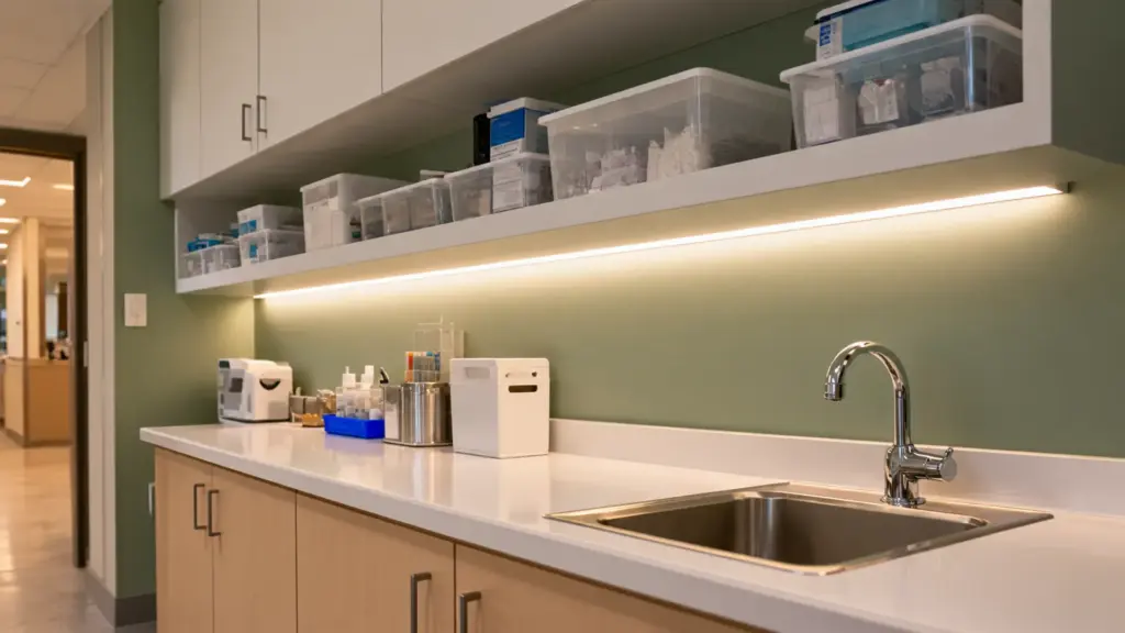 High-output COB LED strip in an aluminum channel under a clinic counter shelf