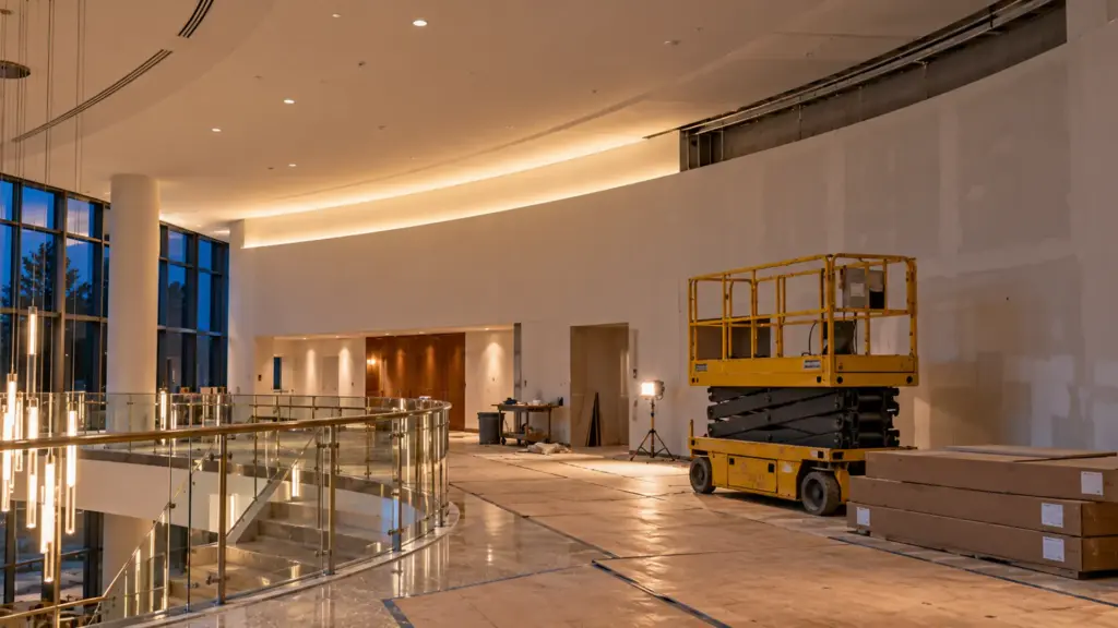 Scissor lift parked under a half-finished COB LED strip cove in a concert hall foyer renovation
