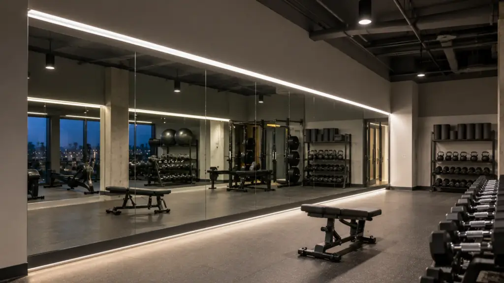 COB LED strip in a recessed slot along a fitness studio mirror wall, one even line