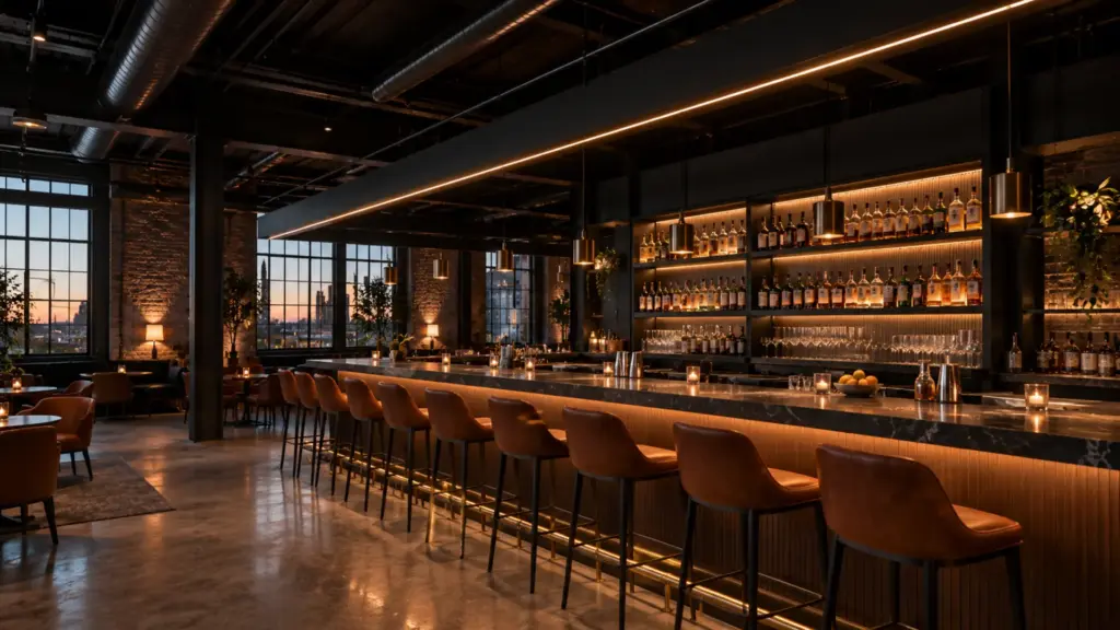 Cocktail bar with a black open ceiling and an LED strip line in a black channel along a beam