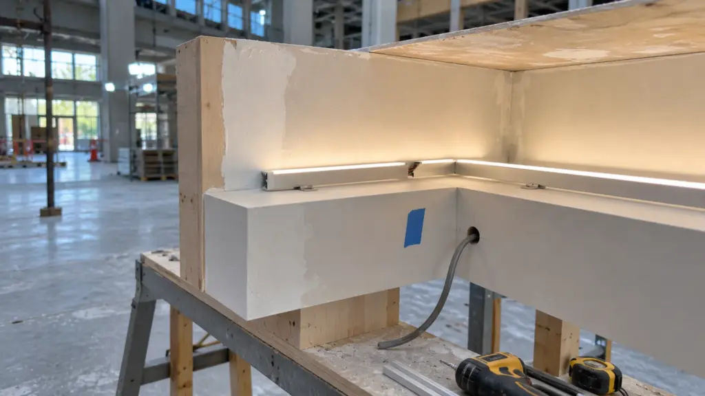 Full-size coffer corner mockup on a jobsite frame with an LED channel on the stepped lip, a corner joint and a cable from the beam
