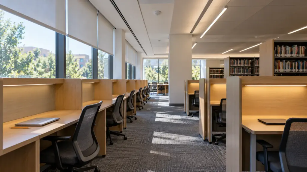 College library study carrels where the shelf strips along the window wall are dimmed because daylight fills the floor