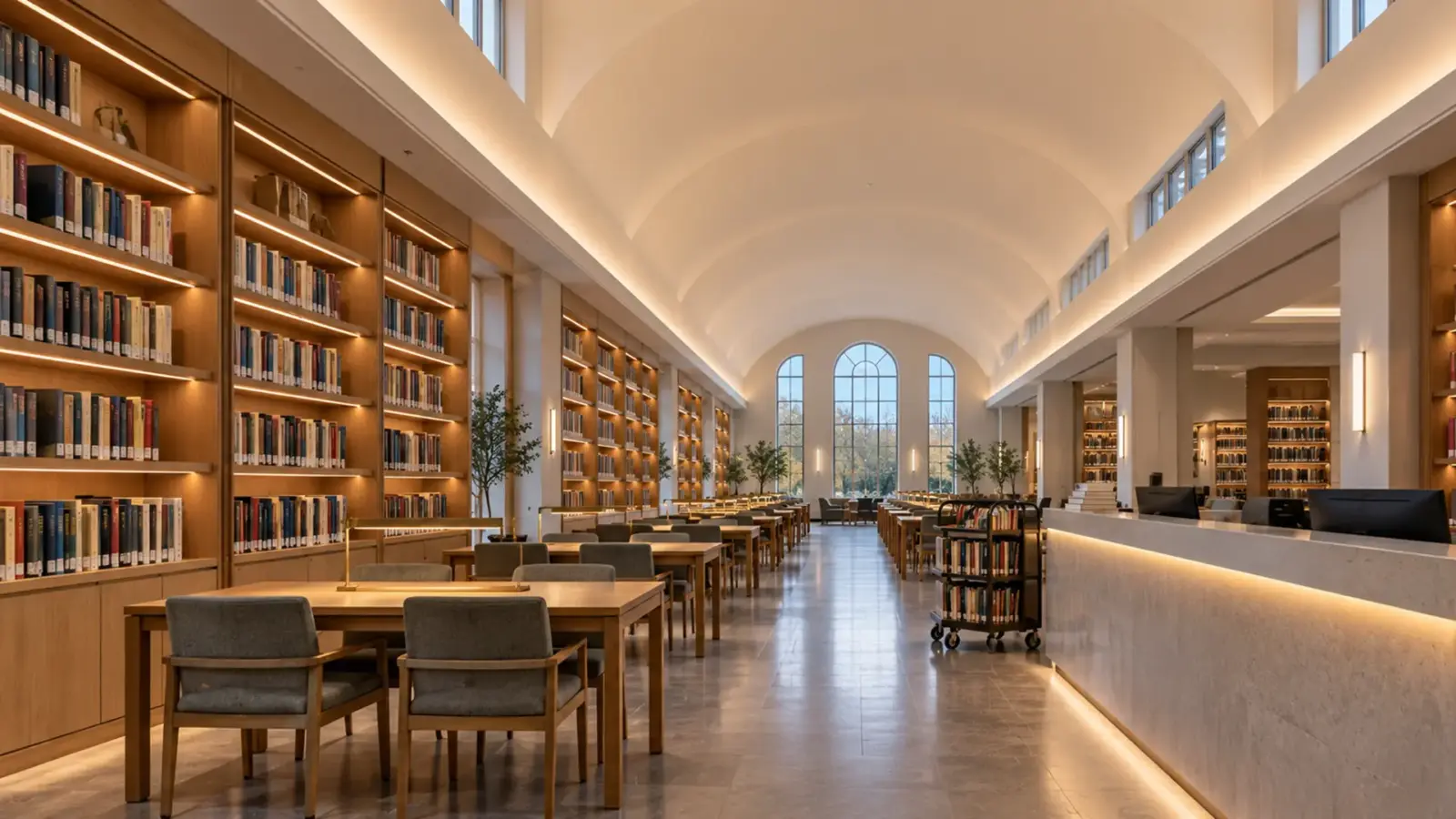 University library reading room with a lit ceiling cove, backlit shelving and a linear accent line together