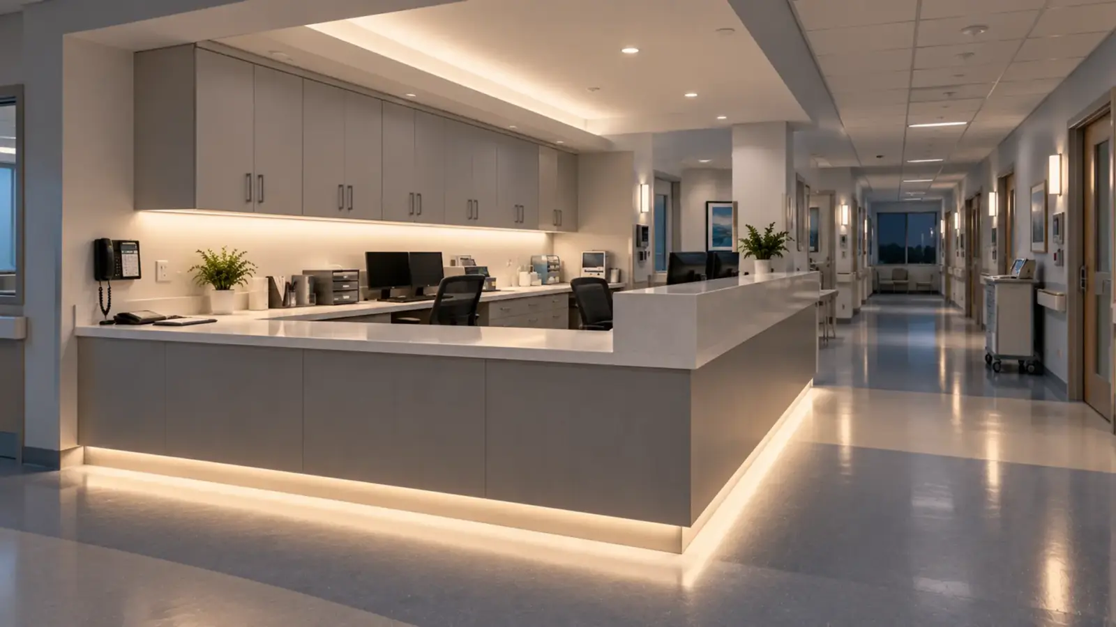 Hospital nurse station millwork with under-cabinet LED strip on the counter and a toe-kick line