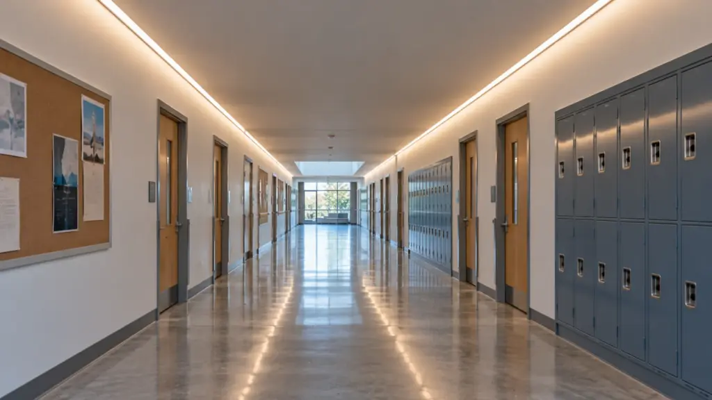 Community college hallway with continuous coves on both walls at even brightness