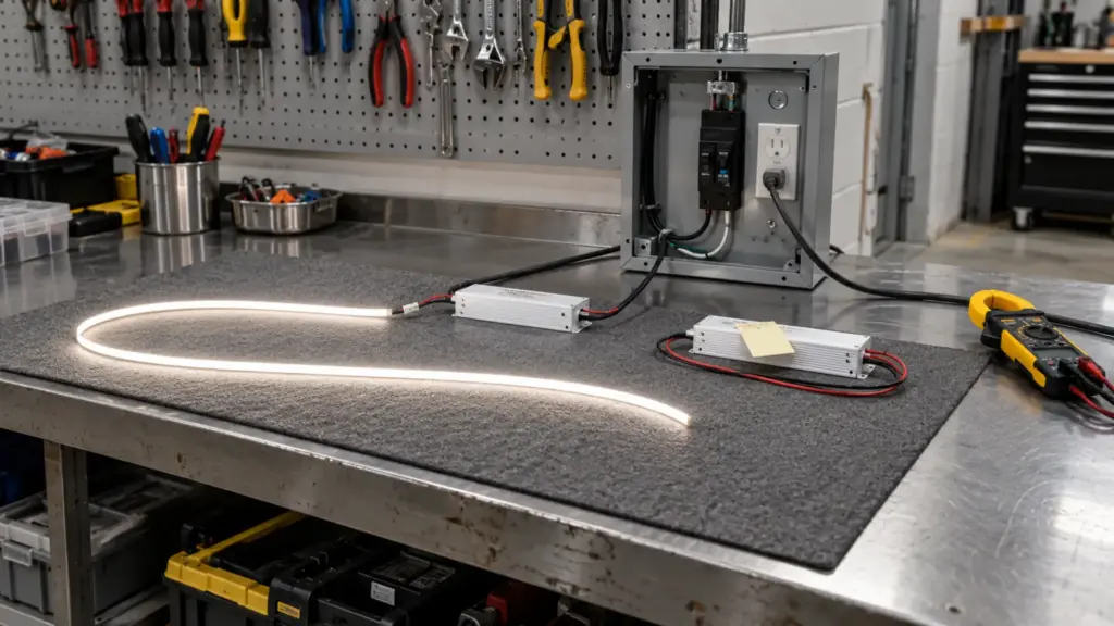 Contractor shop bench with a portable AFCI test panel and two LED drivers wired one at a time to a short strip
