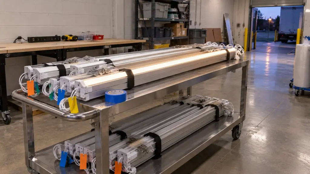Pre-cut aluminum LED channel assemblies with strip, bundled and tagged by run on a cart in a contractor staging room outside the hospital work zone