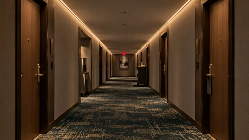 Hotel corridor at night with slim wall-ceiling lines on both walls dimmed low and steady, no flicker or dots