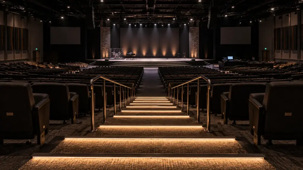 Worship center in a converted big-box store with COB LED strip on the step edges of the raked seating at a low show level, 2700K