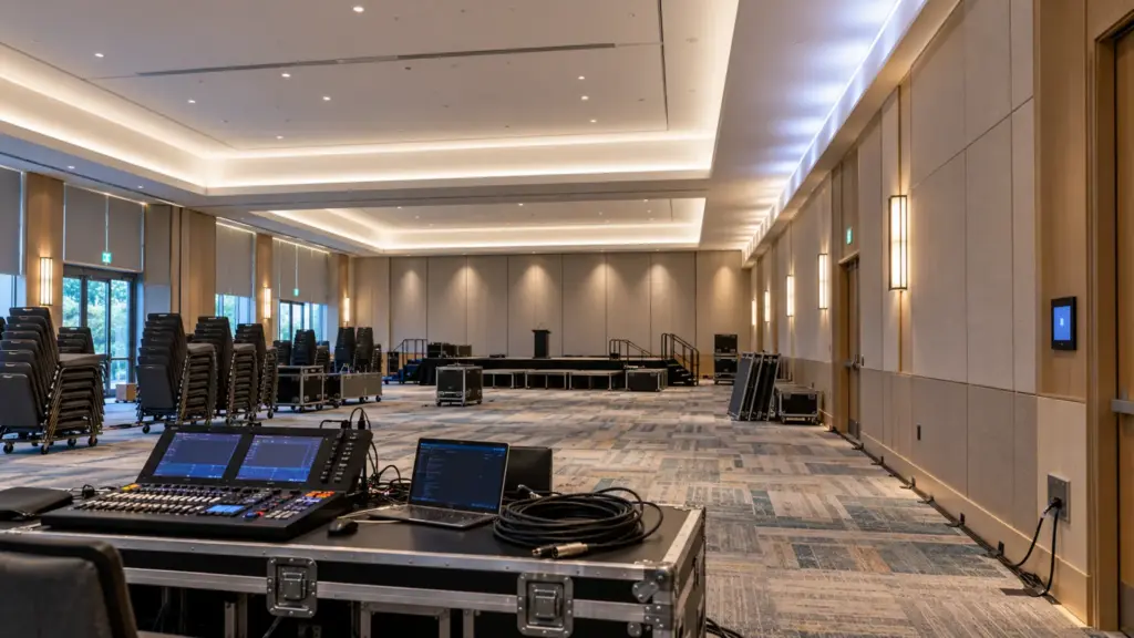 Corporate conference hall during AV setup, a lighting console on a table at the back and the cove running a chasing-white test along one wall