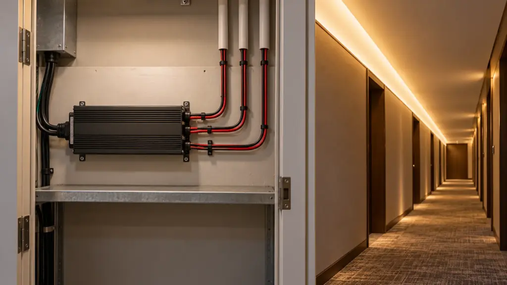 Driver closet with three separate feed cables to a long corridor cove