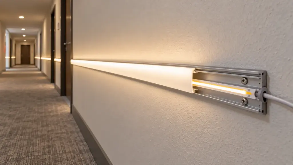 Apartment corridor wall with an aluminum channel screwed to the substrate and the strip held in it, the tape only positioning