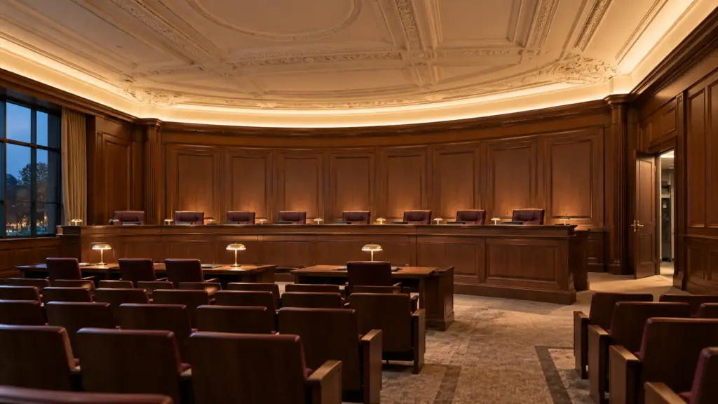 Historic council chamber with a sealed plaster ceiling and a long tunable cove that can only be fed from the service end
