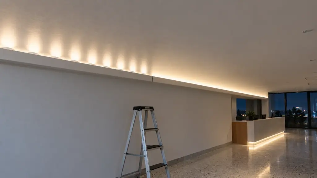 Ceiling cove with bright scalloped arcs where the strip sits too close to the ceiling, beside a smooth wash from a deeper setback