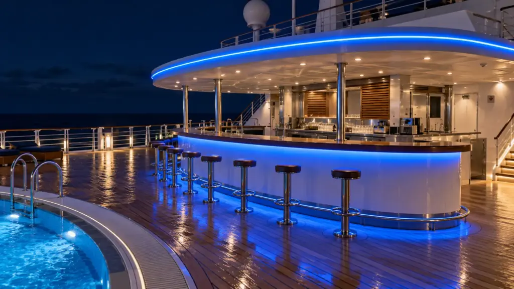 Cruise ship open-deck pool bar at night with RGBW LED strip in sealed aluminum profiles set to blue under the counter overhang and along the canopy edge
