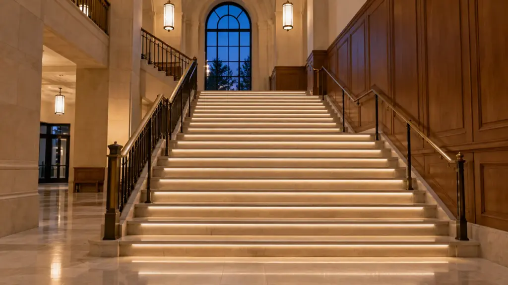 CSP LED strip under every tread nosing of a courthouse grand stair, a labor-heavy run type