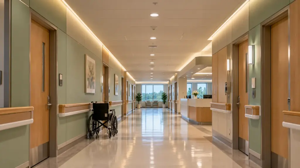 CSP LED strip coves along both walls of a hospital corridor, where CRI is a fixed spec line