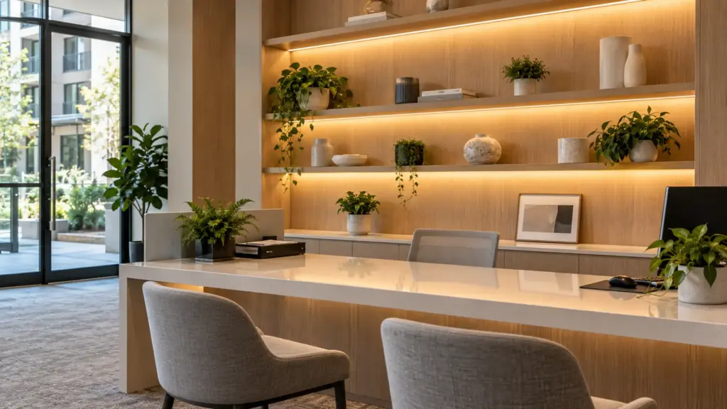 CSP LED strip lighting the back wall shelves of an apartment leasing office