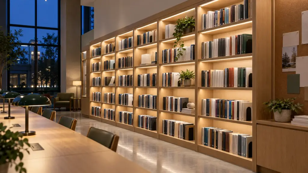 University library reading room shelving lit by CSP LED strip under each shelf at 4000K