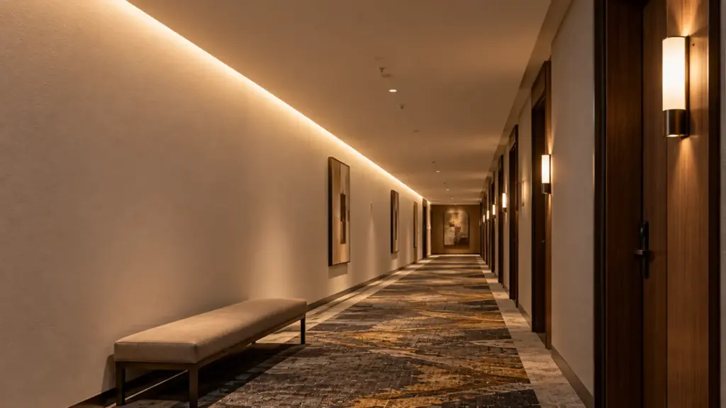 Hotel guest corridor with a long CSP LED strip slot showing one even white across two deliveries