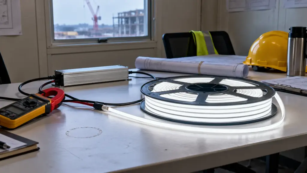 CSP LED strip sample coil being tested with a clamp meter in a construction site office