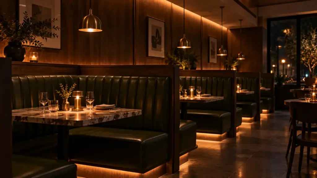 CSP LED strip under booth backs and a wall reveal, dimmed low for late evening service