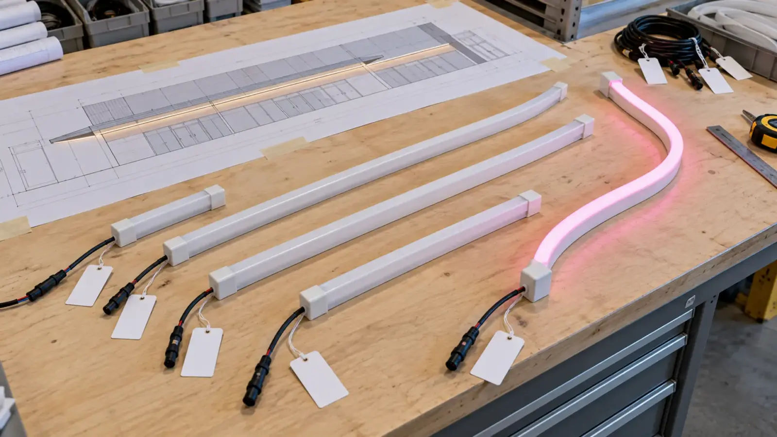 Labeled LED neon flex pieces with sealed end caps and pre-wired leads laid out against an elevation drawing