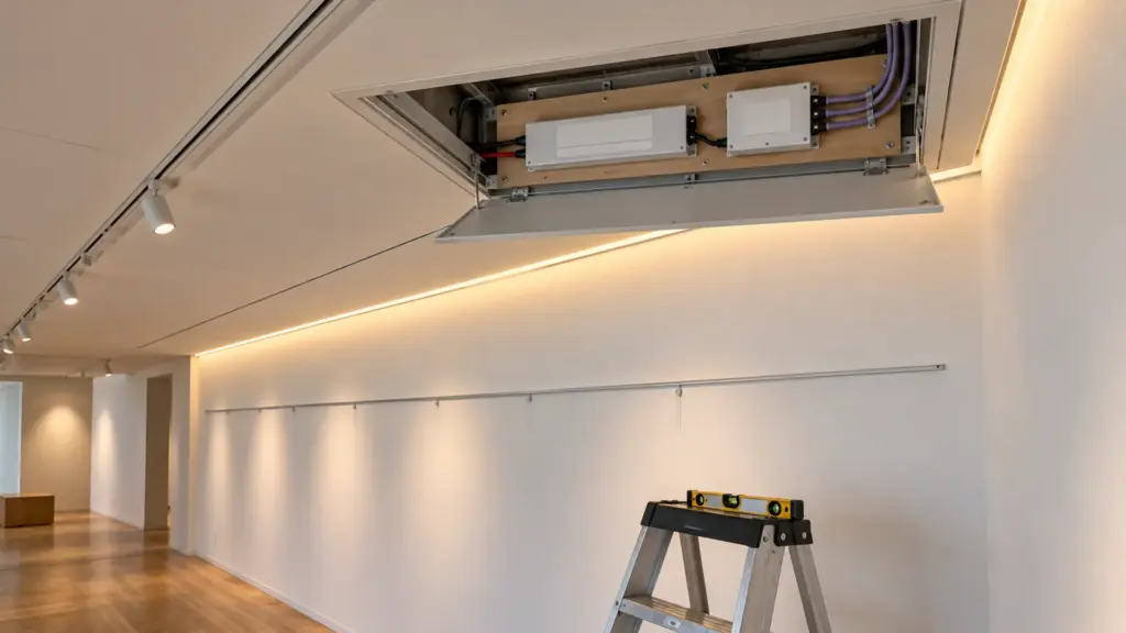 Ceiling access panel in a museum gallery open to show one LED driver and one DALI controller with blank zone labels