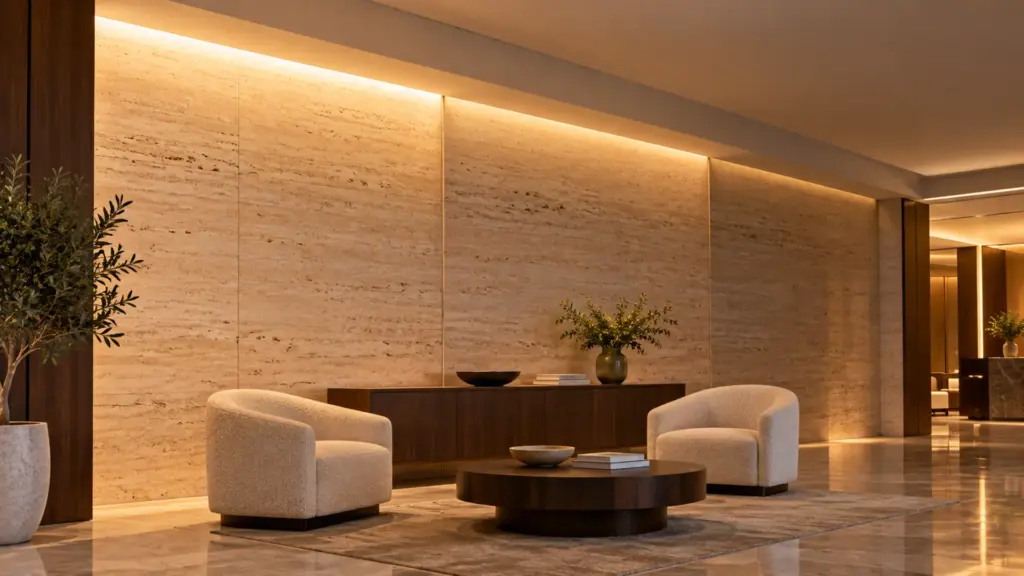 Hotel lobby cove lighting dimmed in separate zones for addressable control
