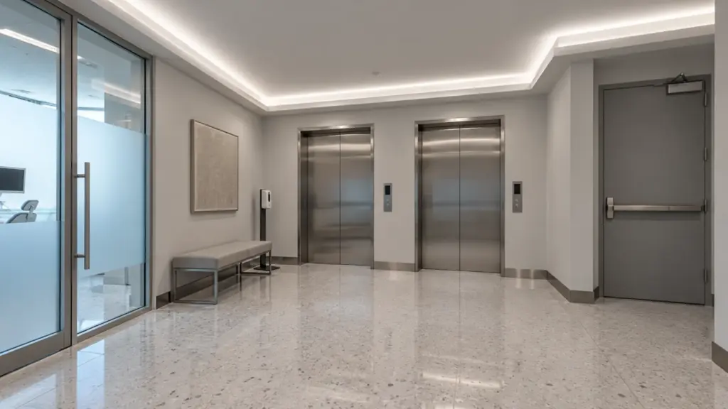 Dental clinic floor elevator vestibule with a 4000K perimeter cove and a closed stair fire door that marks where the Kelvin changes