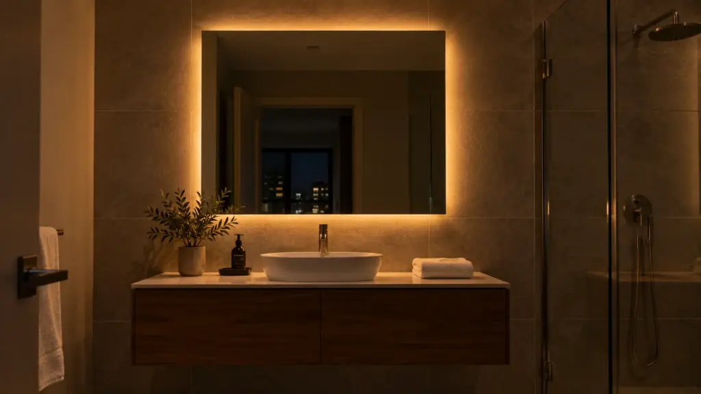 Apartment bathroom vanity with a dim-to-warm backlit mirror at its night-light level