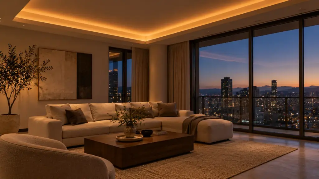 Apartment living room cove with dim-to-warm LED strip dimmed to a warm evening glow