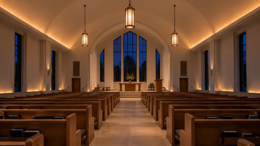 Dim-to-warm LED strip coves along a church sanctuary vault, dimmed to a deep amber glow