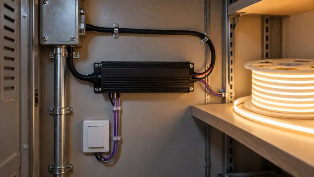 Dimmable LED driver mounted in a service closet beside strip reel
