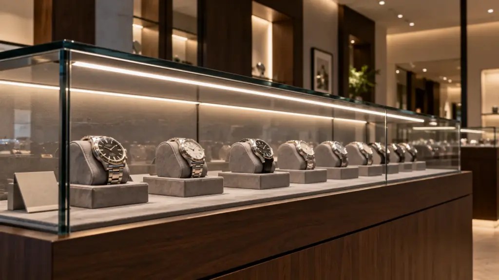 Glass display case in a watch store with a shallow channel of dense 2216 LED strip giving an even line over the pieces