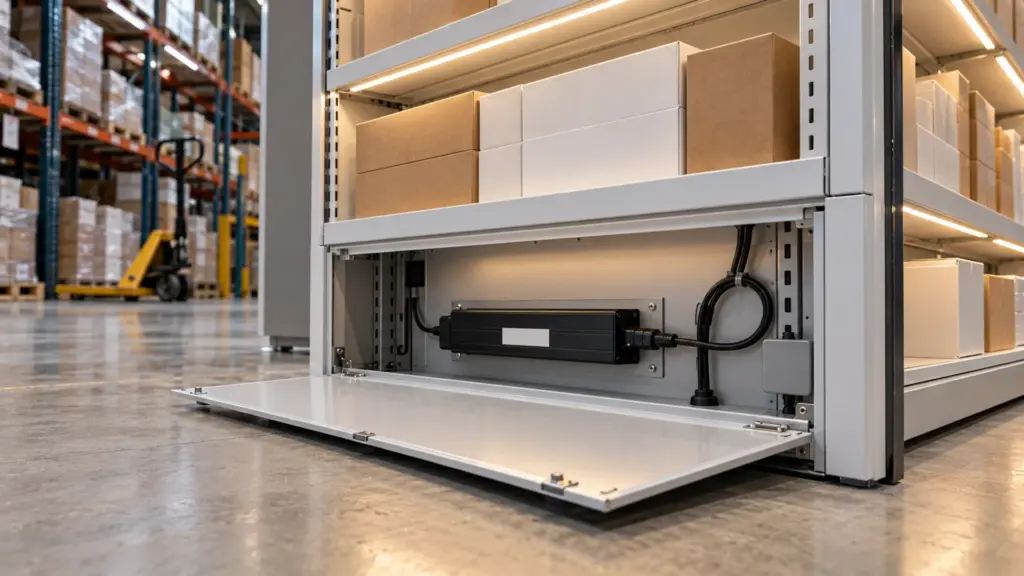 Open base of a steel display fixture in a warehouse aisle showing a reachable driver, a cable loop and a labeled feed to the shelf strips above