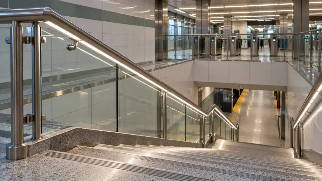 Dot-free CSP LED strip under a subway station stair handrail, one smooth line in the stainless reflection