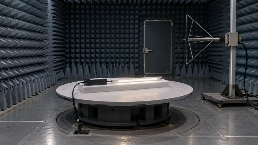 Emissions test chamber with a driver and a laid-out strip on a turntable, surrounded by foam absorbers and a test antenna