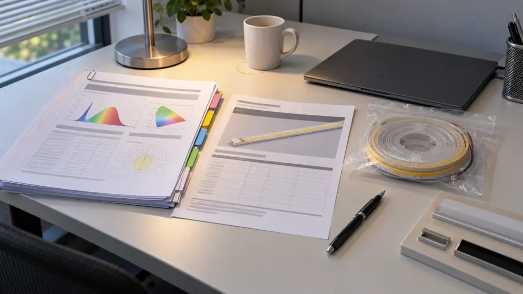 Engineer's desk with printed report pages marked with colored tabs beside a coil of strip and a datasheet