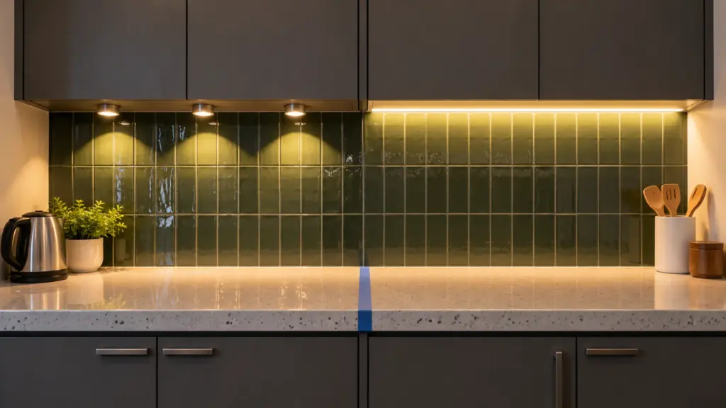 Puck lights beside an opal LED channel under hotel kitchenette cabinets in a mockup