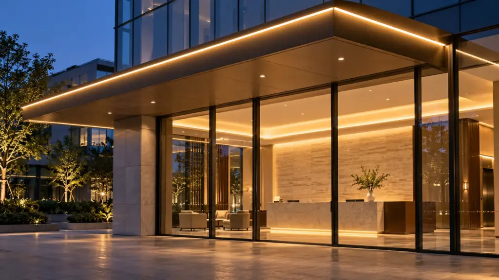 Exterior 120V outline and interior low-voltage cove seen through atrium glass