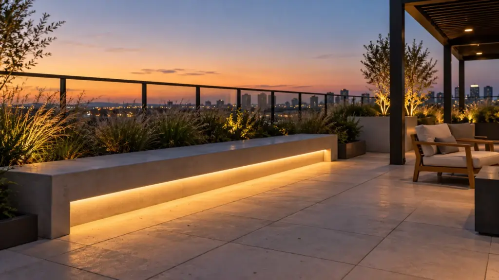 Exterior roof terrace at dusk with a bench ledge washed by an outdoor-rated LED strip and planters along the edge