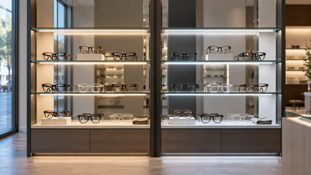 Two bays of an eyewear store frame wall lit by tunable white strip at 4000K on the left and 5000K on the right