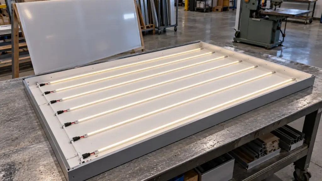 Open backlight frame in a fabrication shop showing parallel rows of COB strip on a white back with a diffuser face lifted off