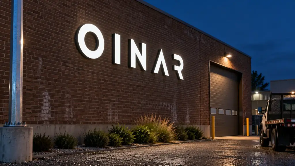 Face-lit channel letters on a dark brick wall lit by 120V LED strip