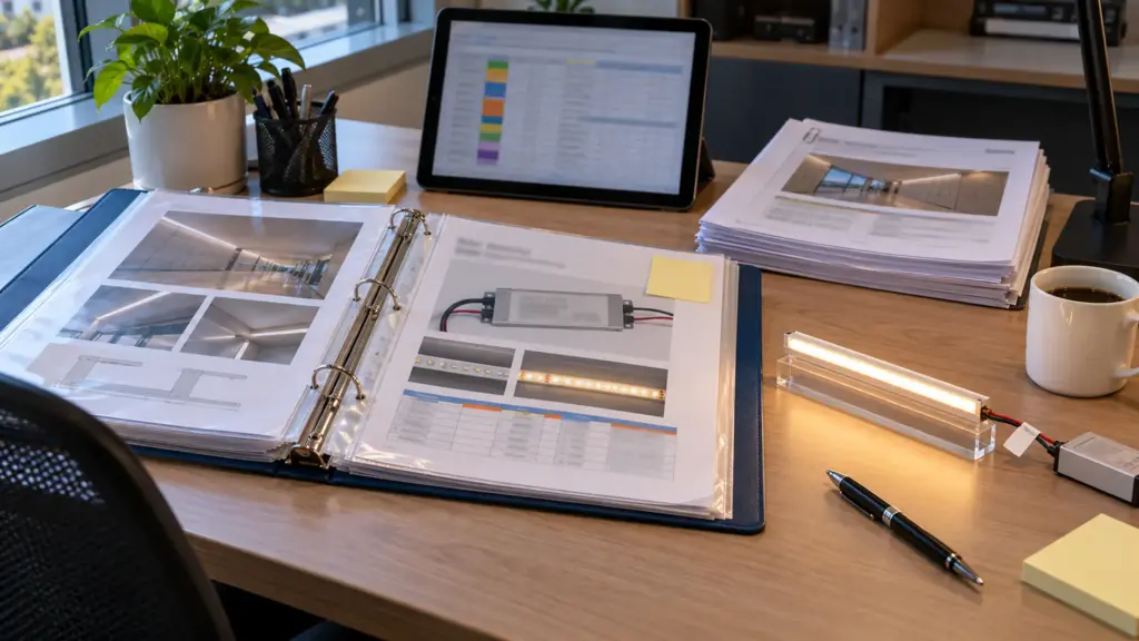 Binder with listing documents beside a photo of an LED driver nameplate on a desk