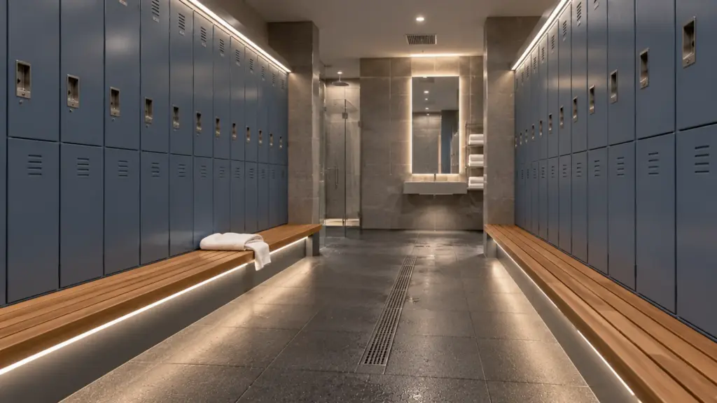 Fitness club locker room with an IP65 strip line under the seat lip and a ceiling slot above the lockers